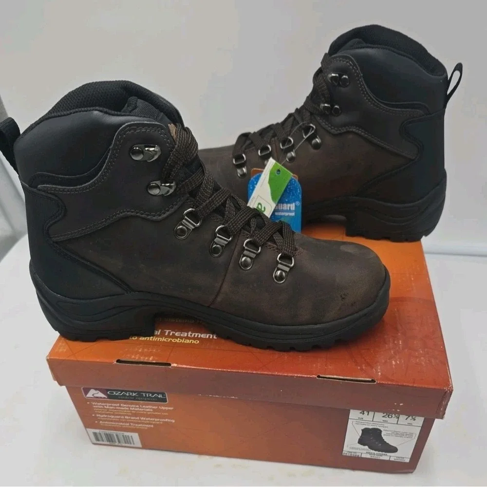 Ozark Trail Bandy II Men's Hiking Boots Size 7.5 Dark Brown Leather Waterproof